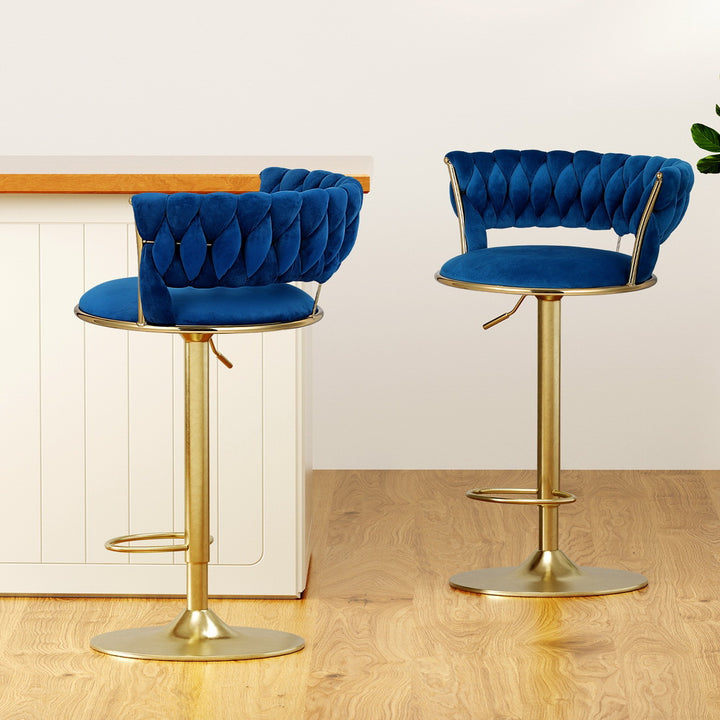 Elias (Set of 3) Woven Velvet Bar Stools - Blue