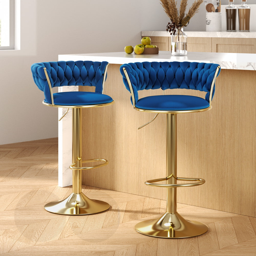 Elias (Set of 3) Woven Velvet Bar Stools - Blue - Homecoze