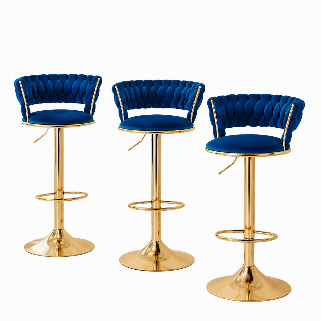 Elias (Set of 3) Velvet Bar Stools - Blue & Gold