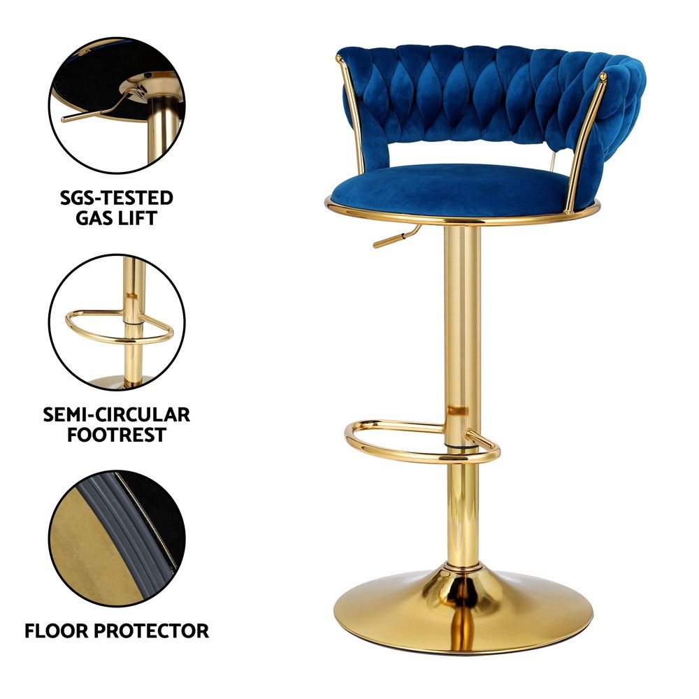Elias (Set of 3) Velvet Bar Stools - Blue & Gold
