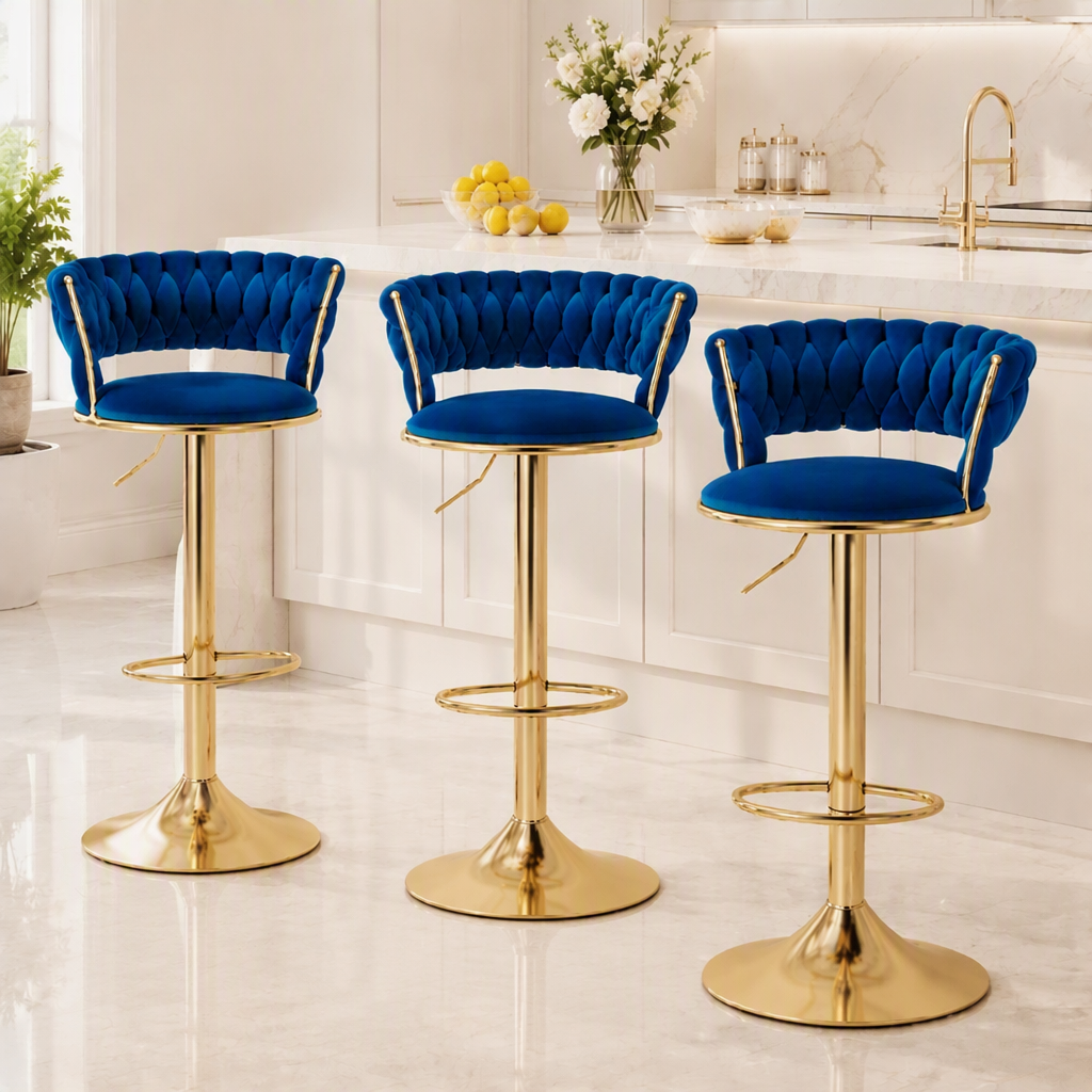 Elias (Set of 3) Velvet Bar Stools - Blue & Gold