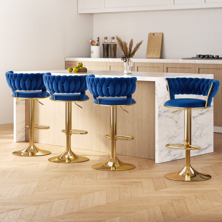 Elias (Set of 4) Woven Velvet Bar Stools - Blue - Homecoze