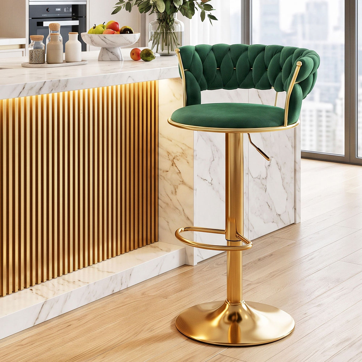 Elias (Single) Velvet Bar Stool - Green & Gold