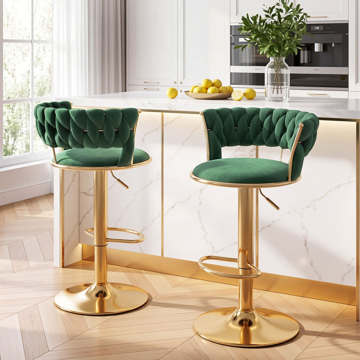 Elias (Set of 2) Velvet Bar Stools - Green & Gold