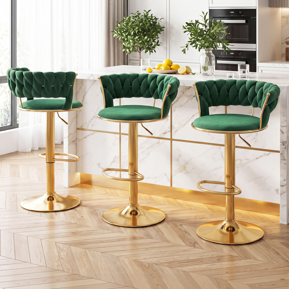 Elias (Set of 3) Velvet Bar Stools - Green & Gold