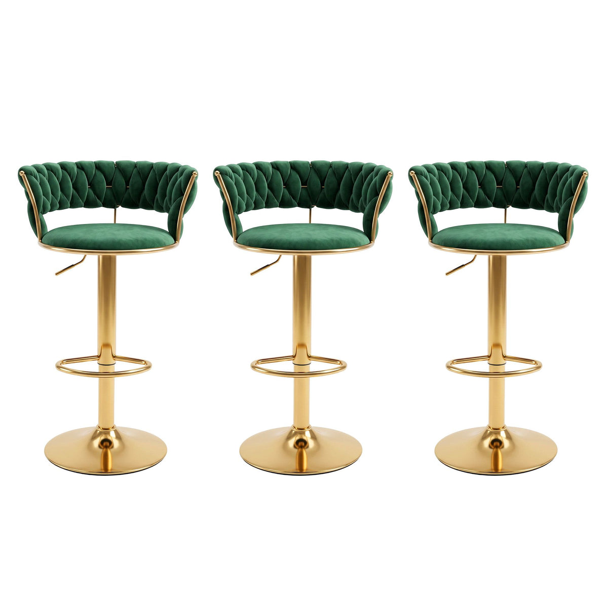 Elias (Set of 3) Velvet Bar Stools - Green & Gold