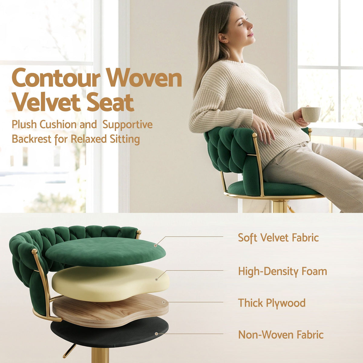 Elias (Set of 3) Velvet Bar Stools - Green & Gold