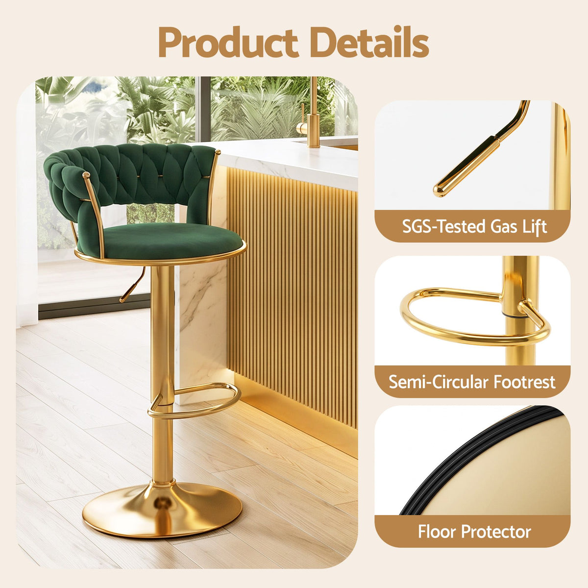 Elias (Set of 3) Velvet Bar Stools - Green & Gold