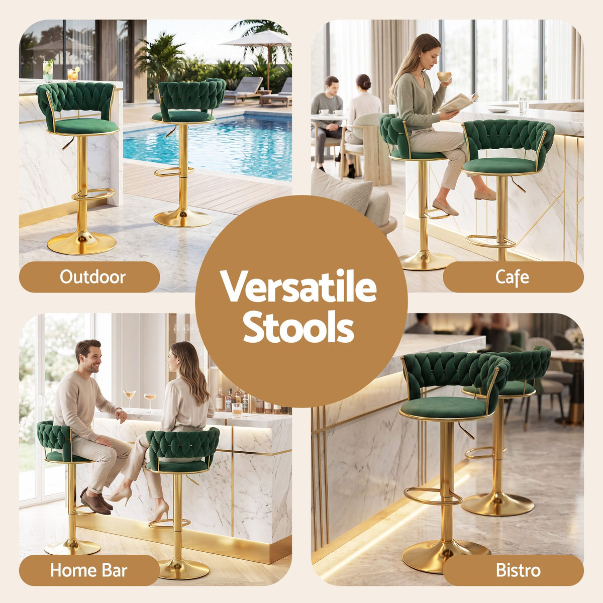 Elias (Set of 3) Velvet Bar Stools - Green & Gold
