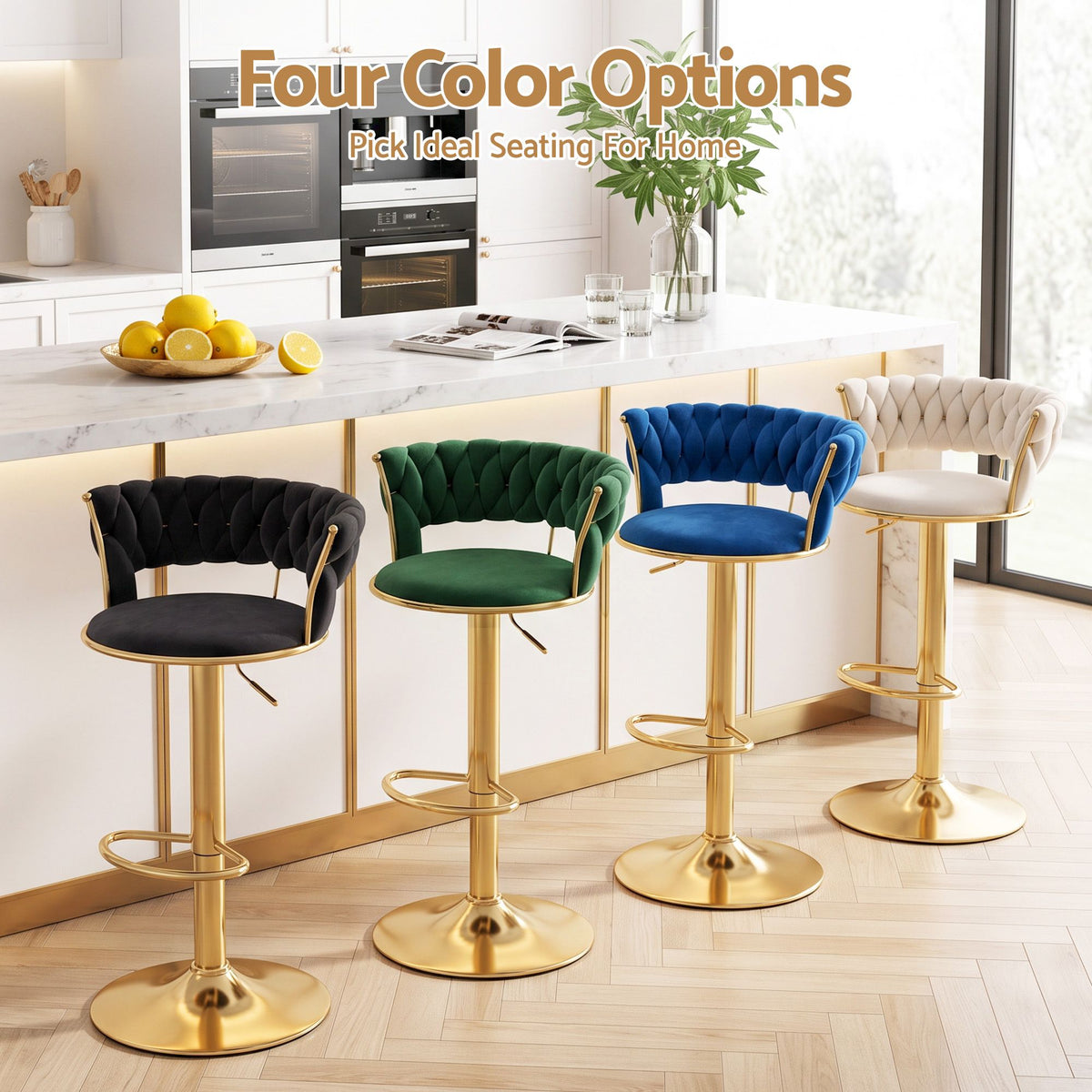 Elias (Set of 3) Velvet Bar Stools - Green & Gold