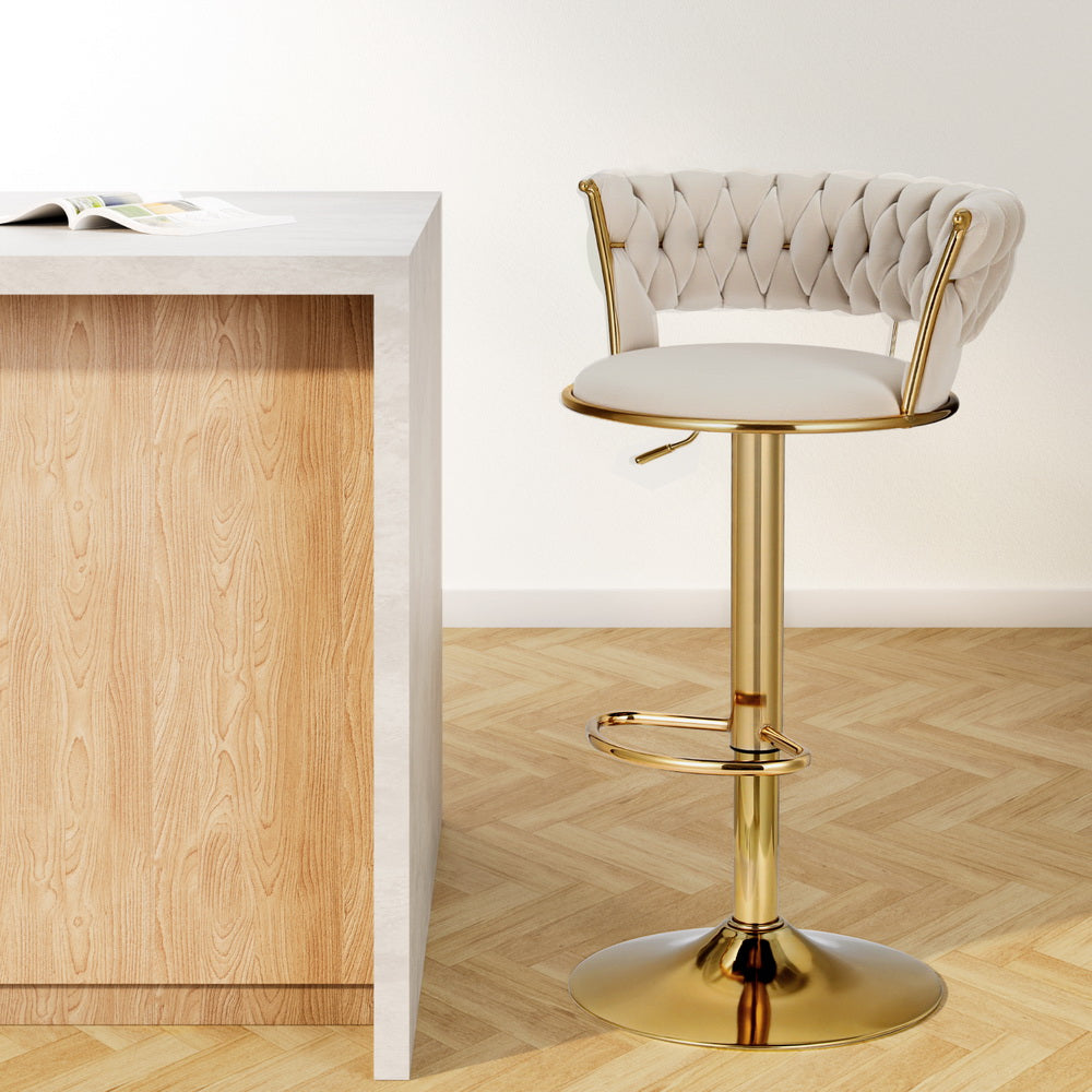 Elias (Single) Woven Velvet Bar Stool - Ivory - Homecoze
