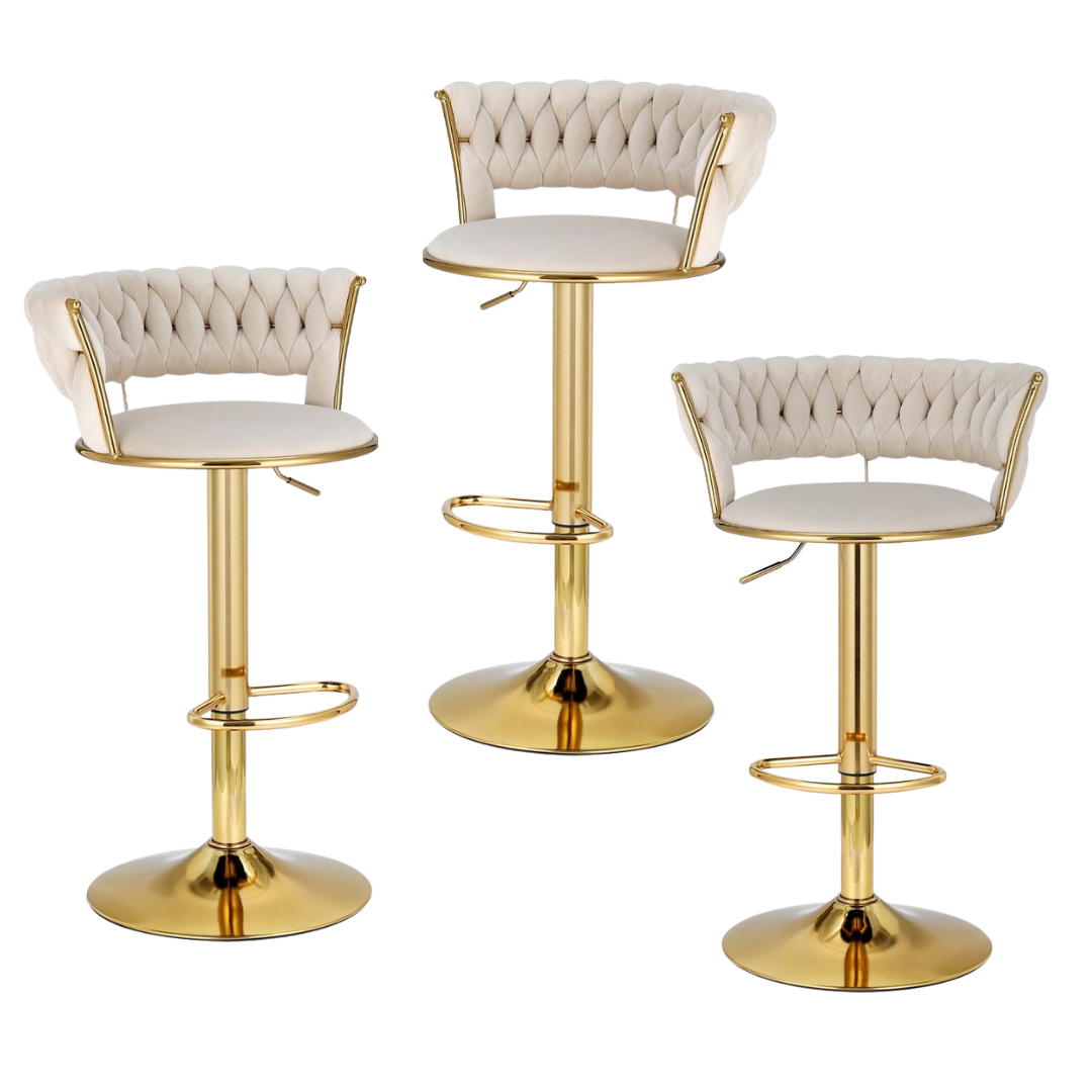 Elias (Set of 3) Woven Velvet Bar Stools - Ivory