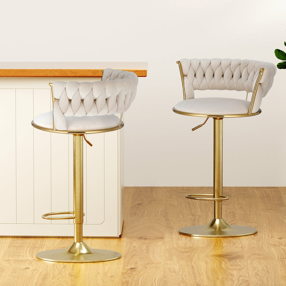 Elias (Set of 3) Woven Velvet Bar Stools - Ivory - Homecoze