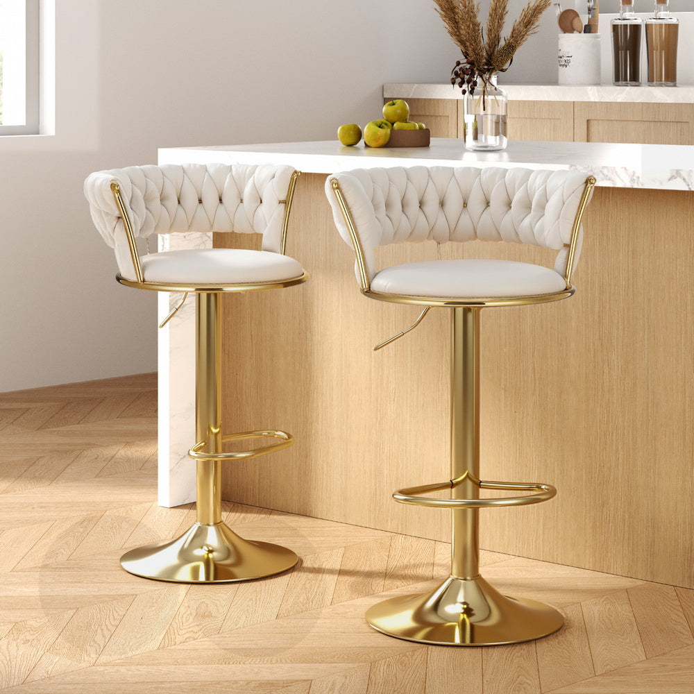 Elias (Set of 3) Woven Velvet Bar Stools - Ivory - Homecoze