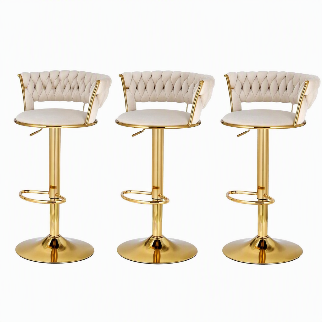 Elias (Set of 3) Velvet Bar Stools - Ivory & Gold