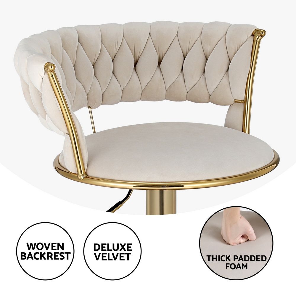Elias (Set of 3) Velvet Bar Stools - Ivory & Gold