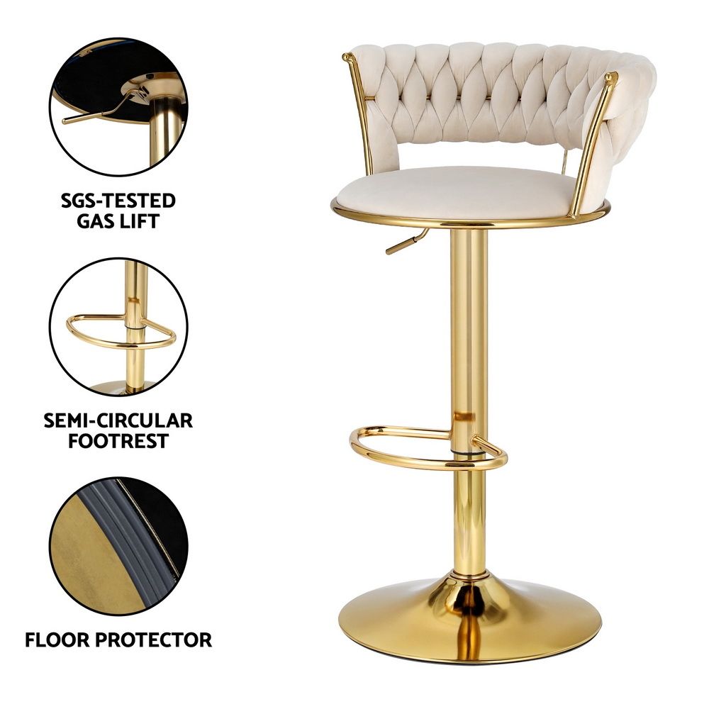 Elias (Set of 3) Velvet Bar Stools - Ivory & Gold
