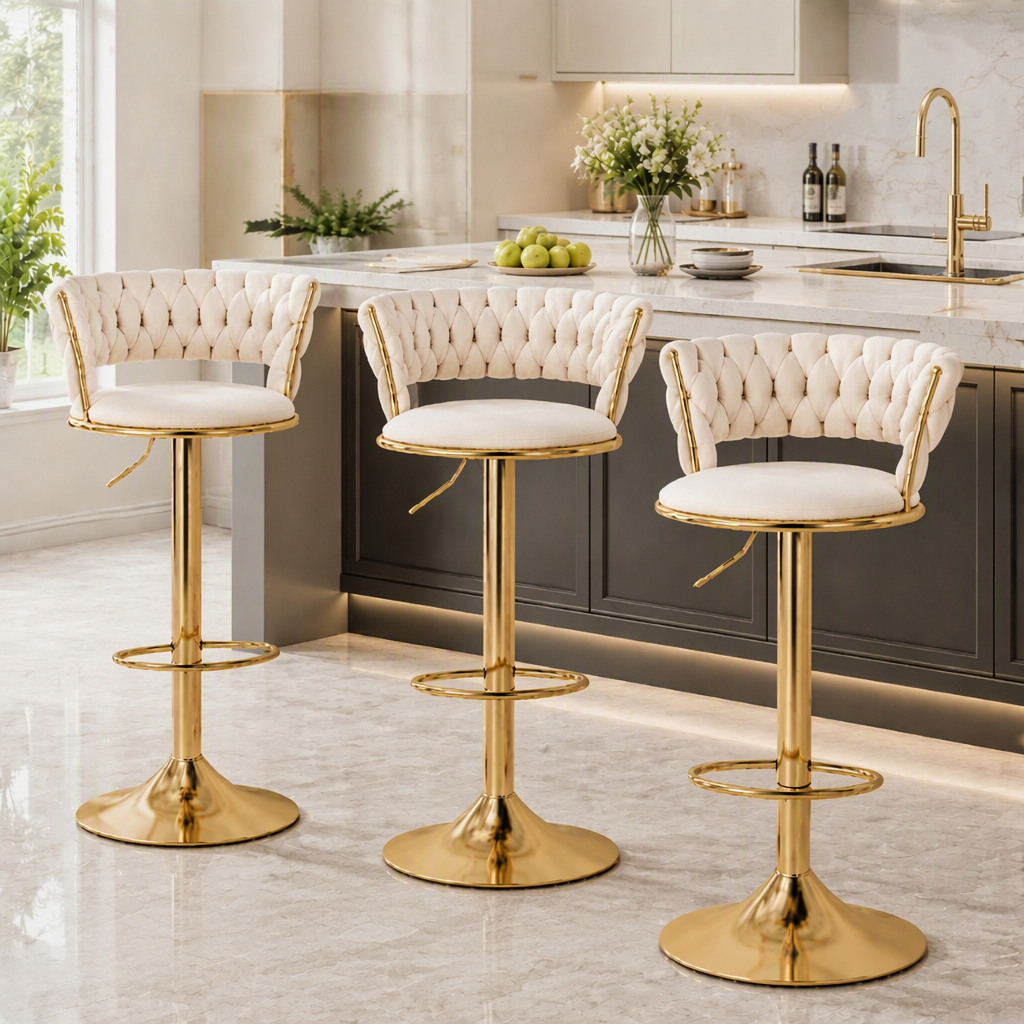 Elias (Set of 3) Velvet Bar Stools - Ivory & Gold