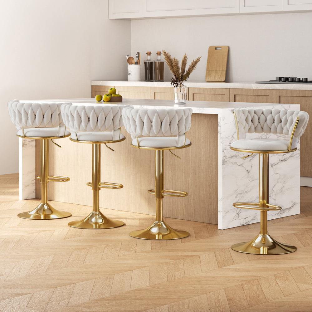 Elias (Set of 4) Woven Velvet Bar Stools - Ivory - Homecoze