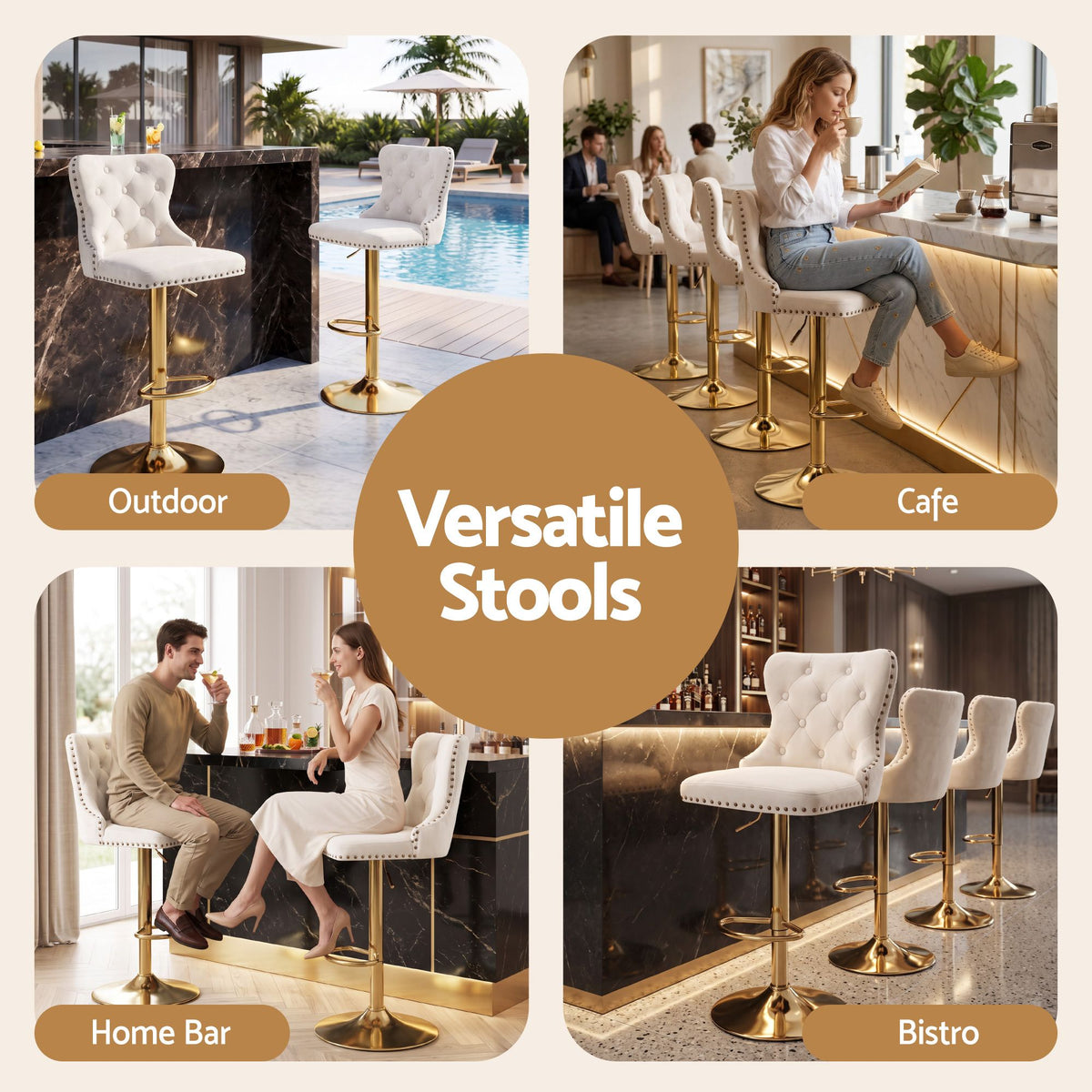 Margaux (Single) Velvet Bar Stool - Ivory