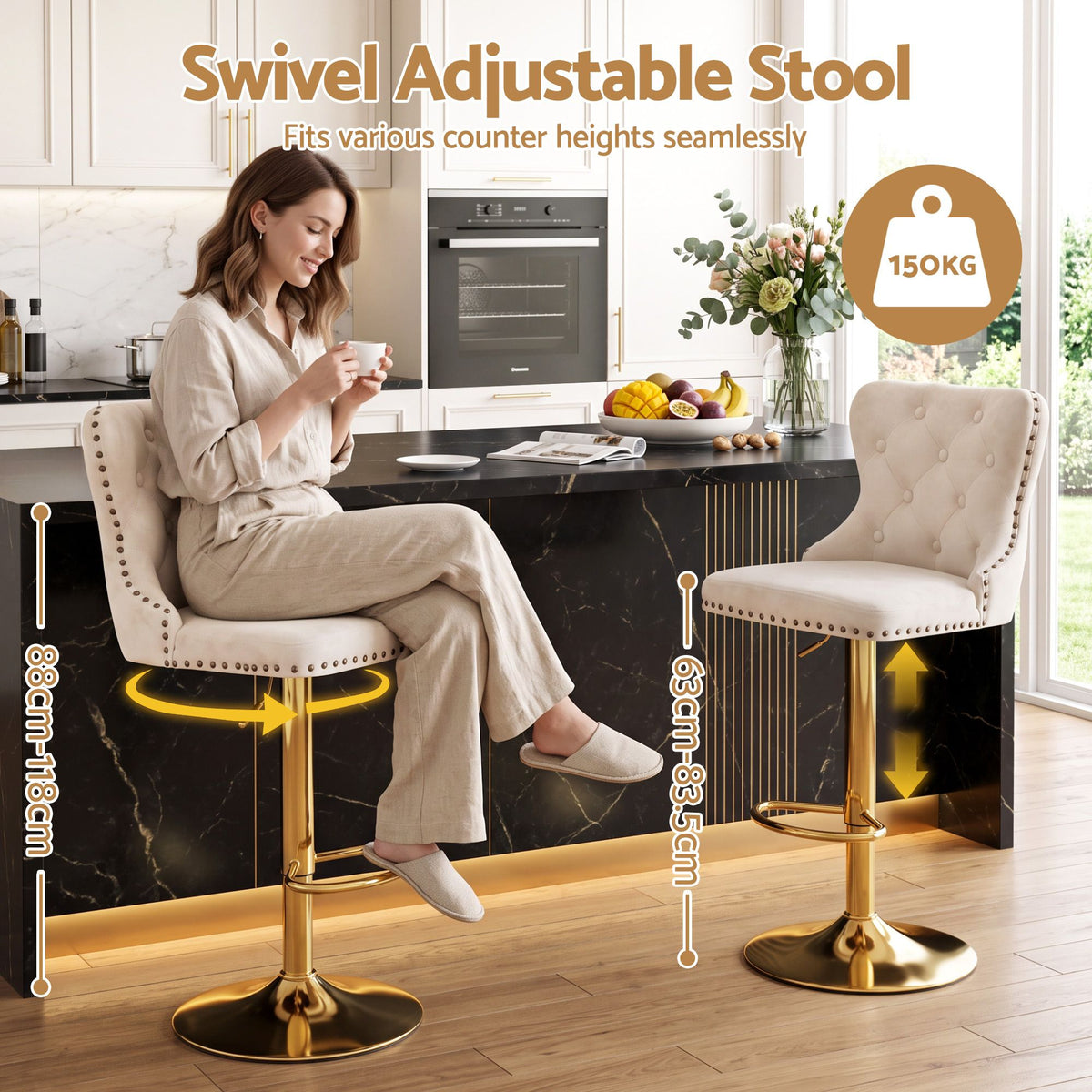Margaux (Set of 2) Velvet Bar Stools - Ivory