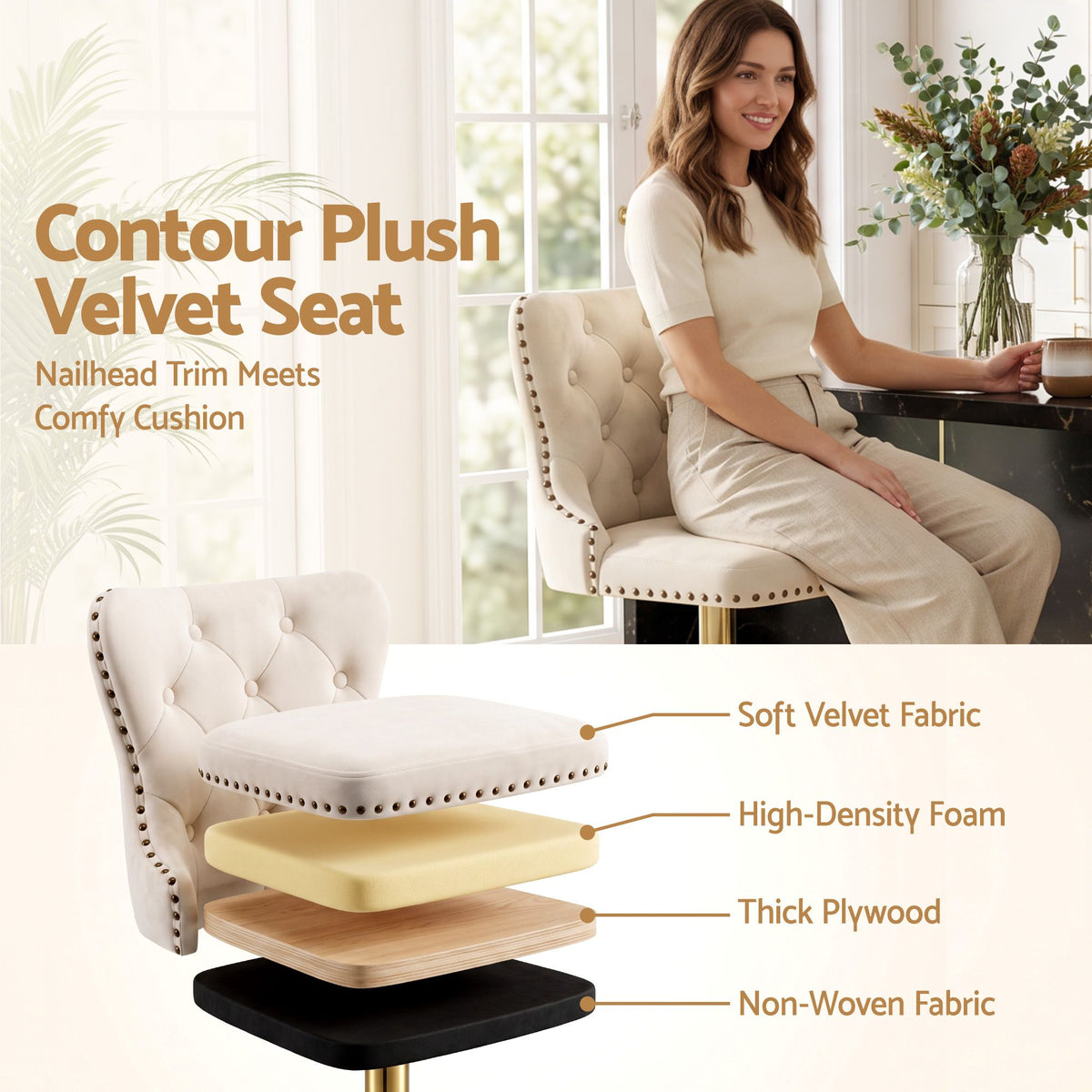 Margaux (Set of 2) Velvet Bar Stools - Ivory