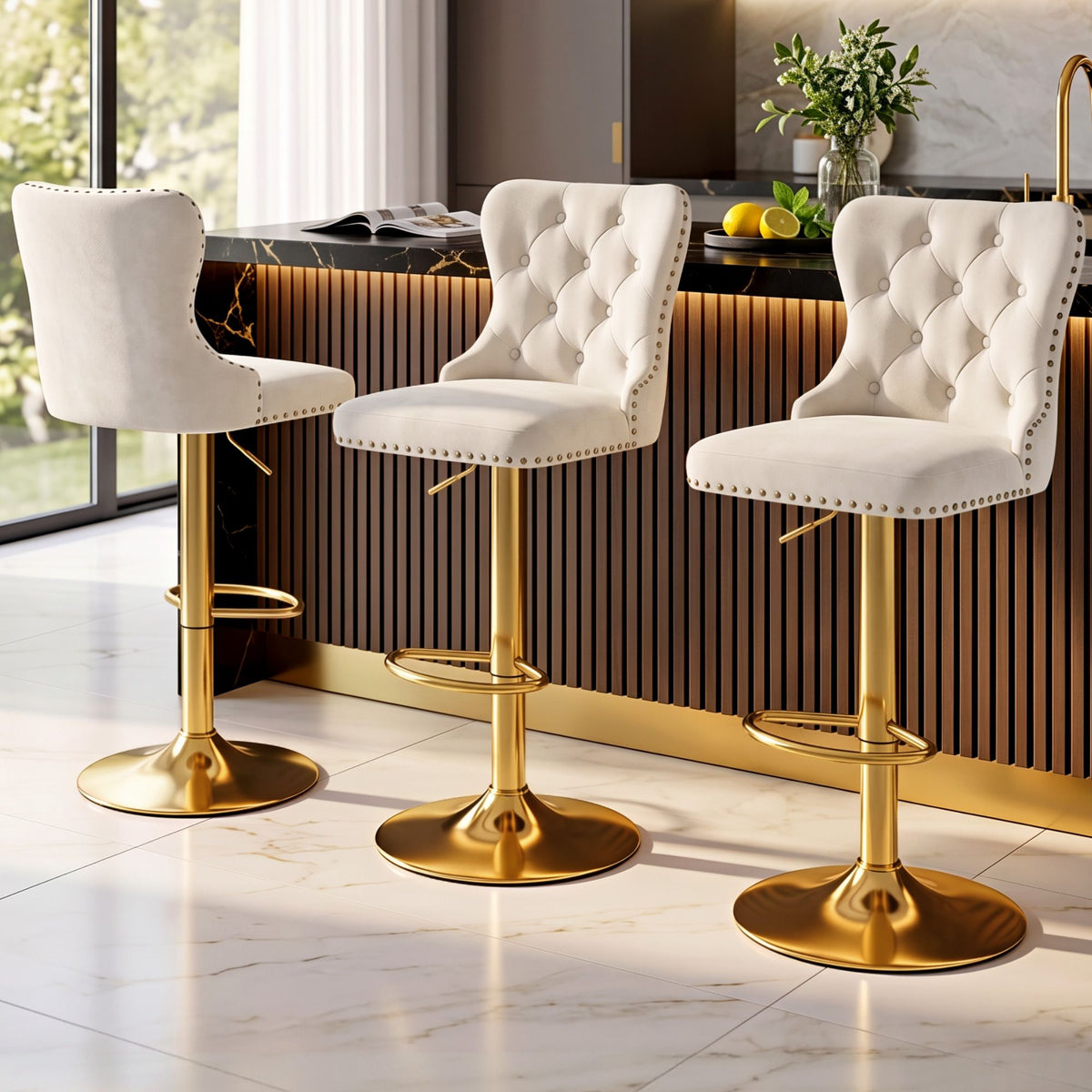 Margaux (Set of 3) Velvet Bar Stools - Ivory