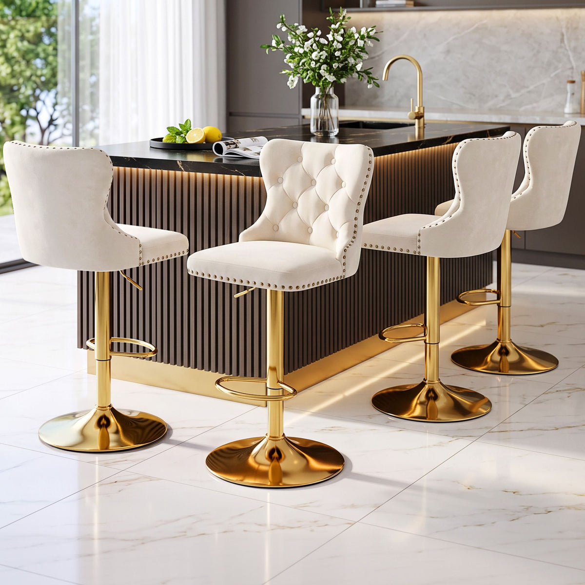Margaux (Set of 4) Velvet Bar Stools - Ivory