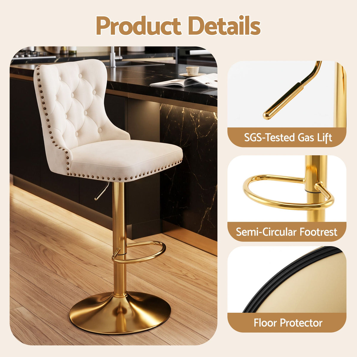 Margaux (Set of 4) Velvet Bar Stools - Ivory