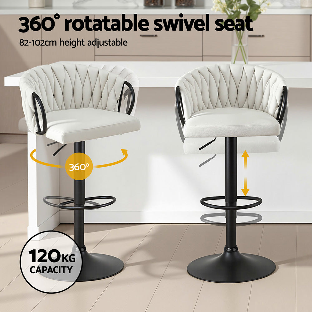 Artiss Bar Stool x2 Kitchen Dining Chair Counter Gaslift Woven Velvet Ivory - Homecoze