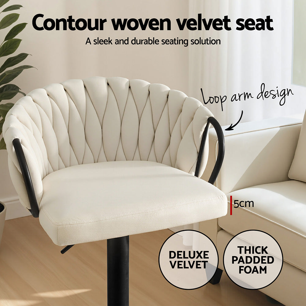 Artiss Bar Stool x2 Kitchen Dining Chair Counter Gaslift Woven Velvet Ivory - Homecoze