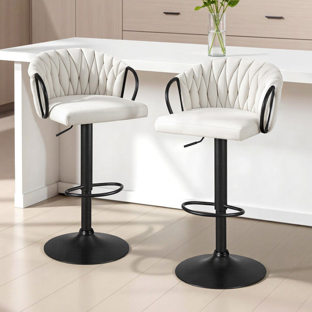 Artiss Bar Stool x2 Kitchen Dining Chair Counter Gaslift Woven Velvet Ivory - Homecoze