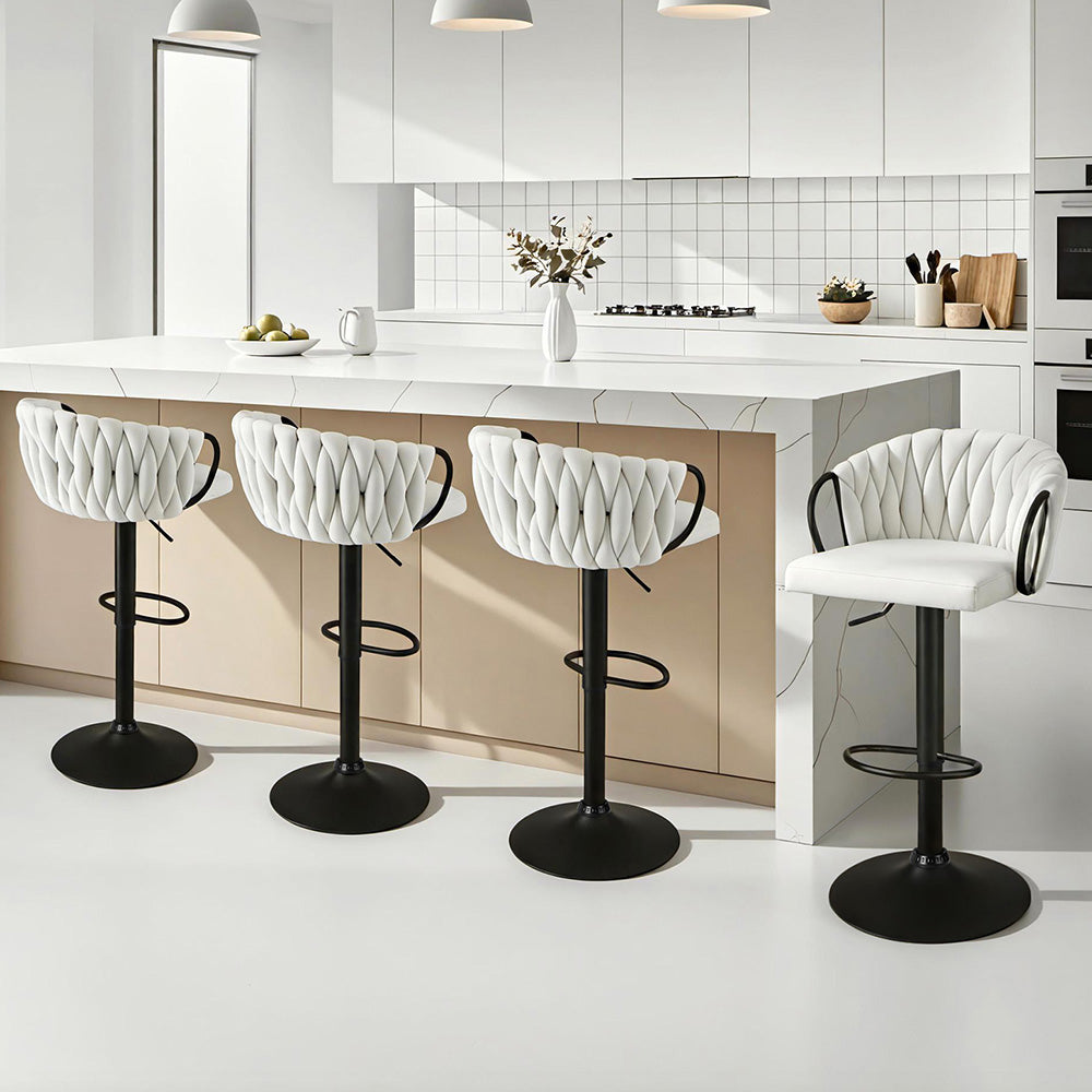 Artiss Bar Stool x4 Kitchen Dining Chair Counter Gaslift Woven Velvet Ivory - Homecoze