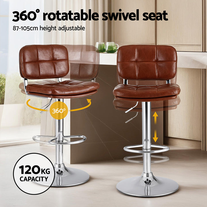 Artiss 2x Bar Stools Kitchen Swivel Gas Lift Counter Chair Tuft PU Leather Brown - Homecoze