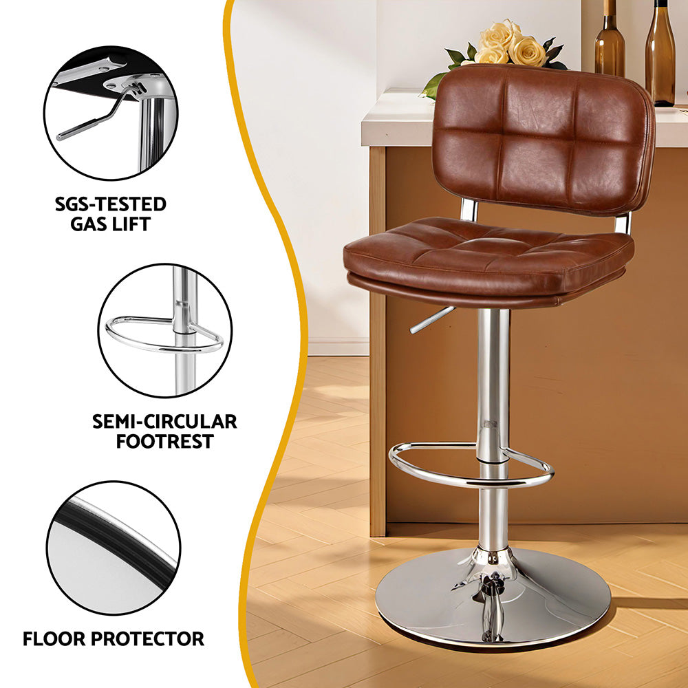 Artiss 2x Bar Stools Kitchen Swivel Gas Lift Counter Chair Tuft PU Leather Brown - Homecoze