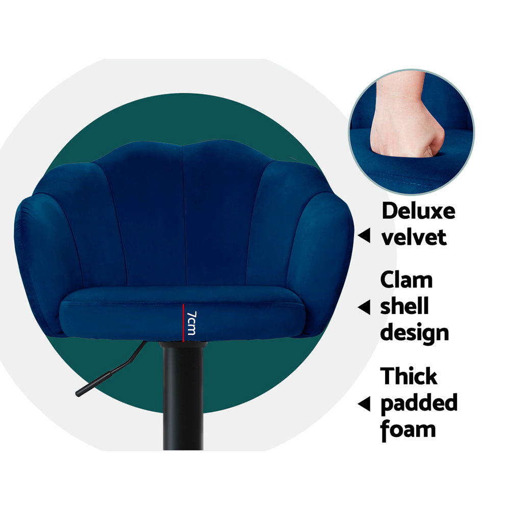 Ariel (Set of 2) Velvet Clam Shell Bar Stools - Blue - Homecoze