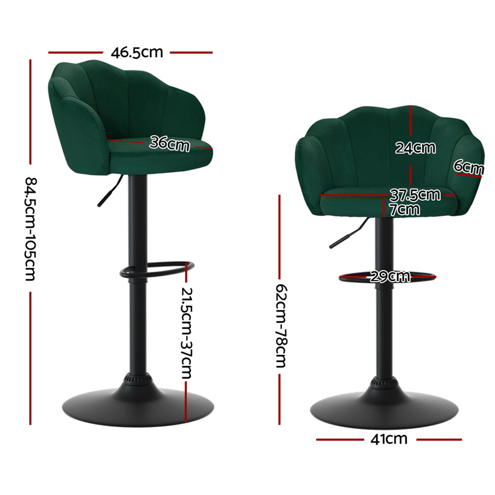 Ariel (Set of 2) Velvet Clam Shell Bar Stools - Green - Homecoze