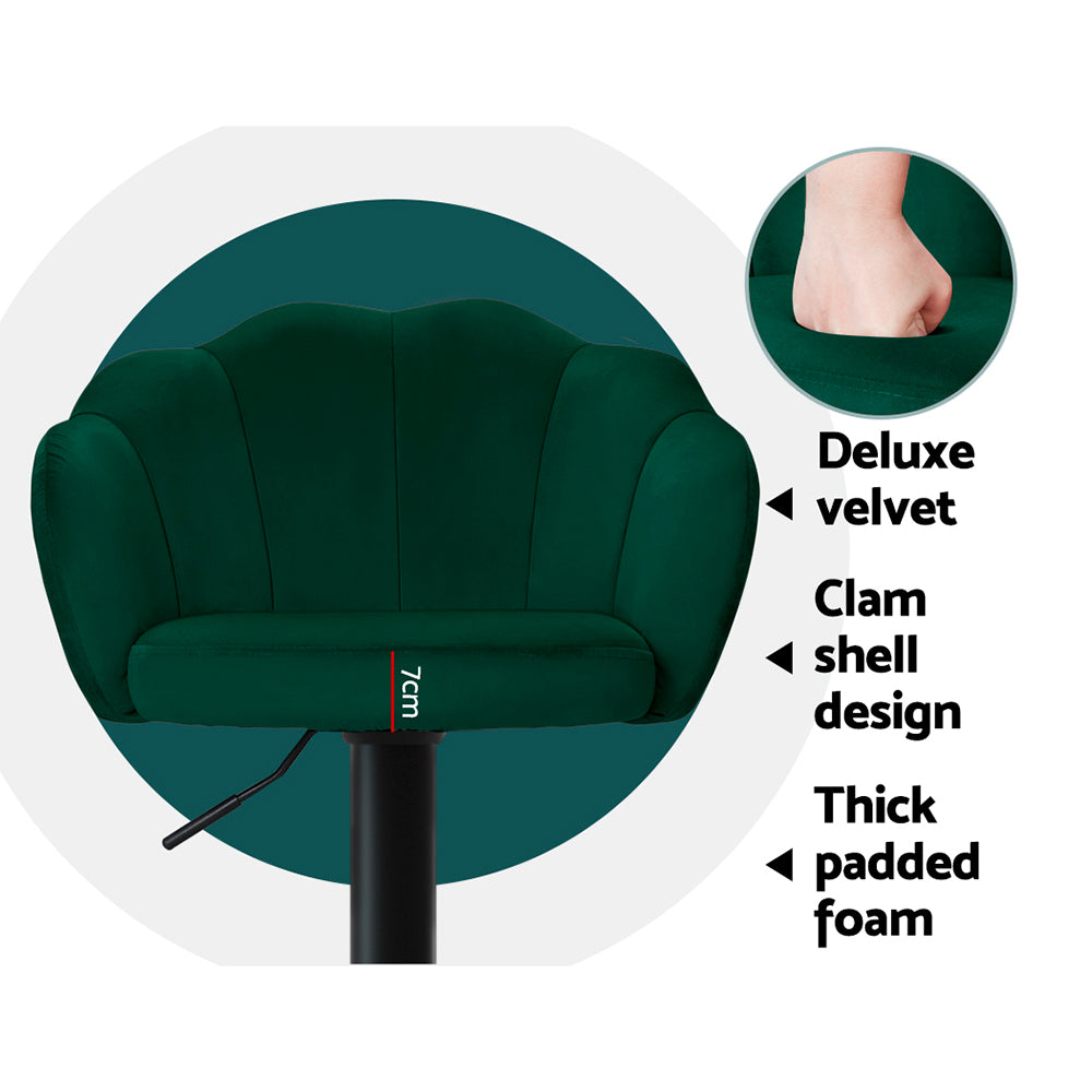 Ariel (Set of 2) Velvet Clam Shell Bar Stools - Green - Homecoze