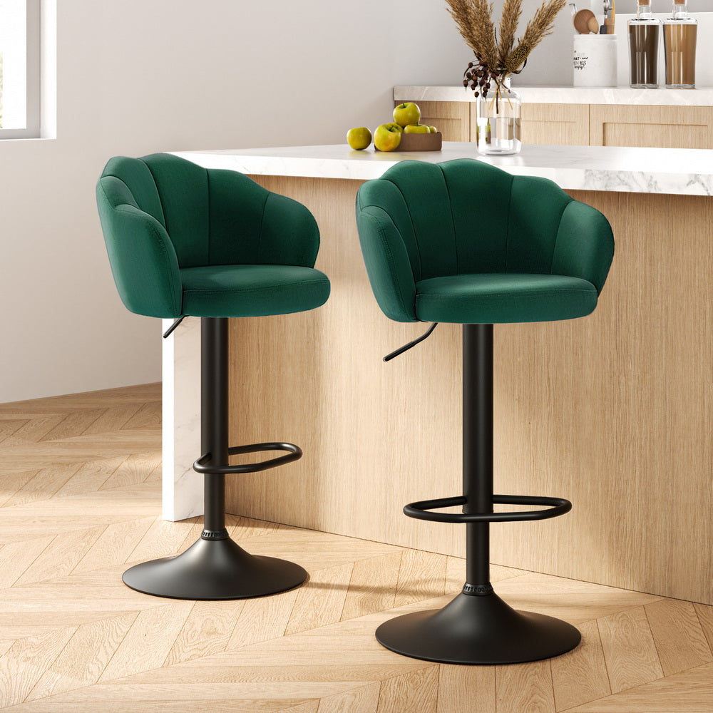 Ariel (Set of 2) Velvet Clam Shell Bar Stools - Green - Homecoze