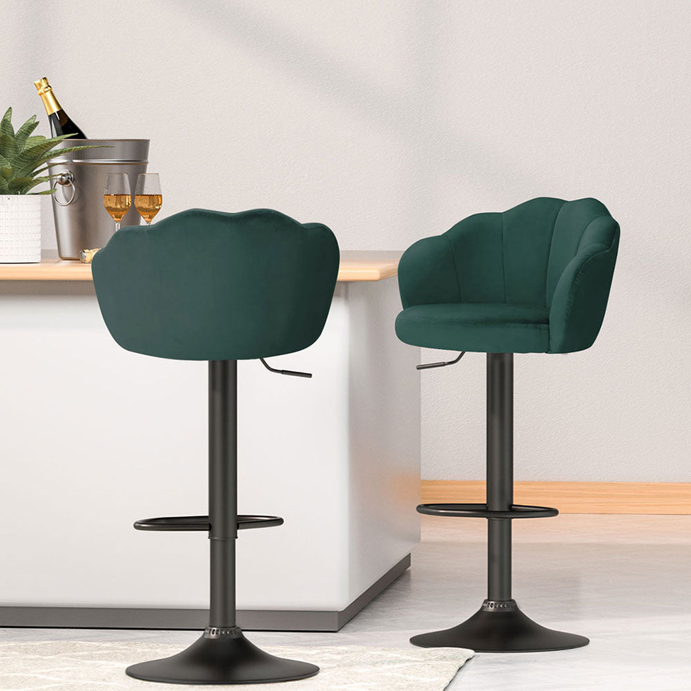 Ariel (Set of 2) Velvet Clam Shell Bar Stools - Green