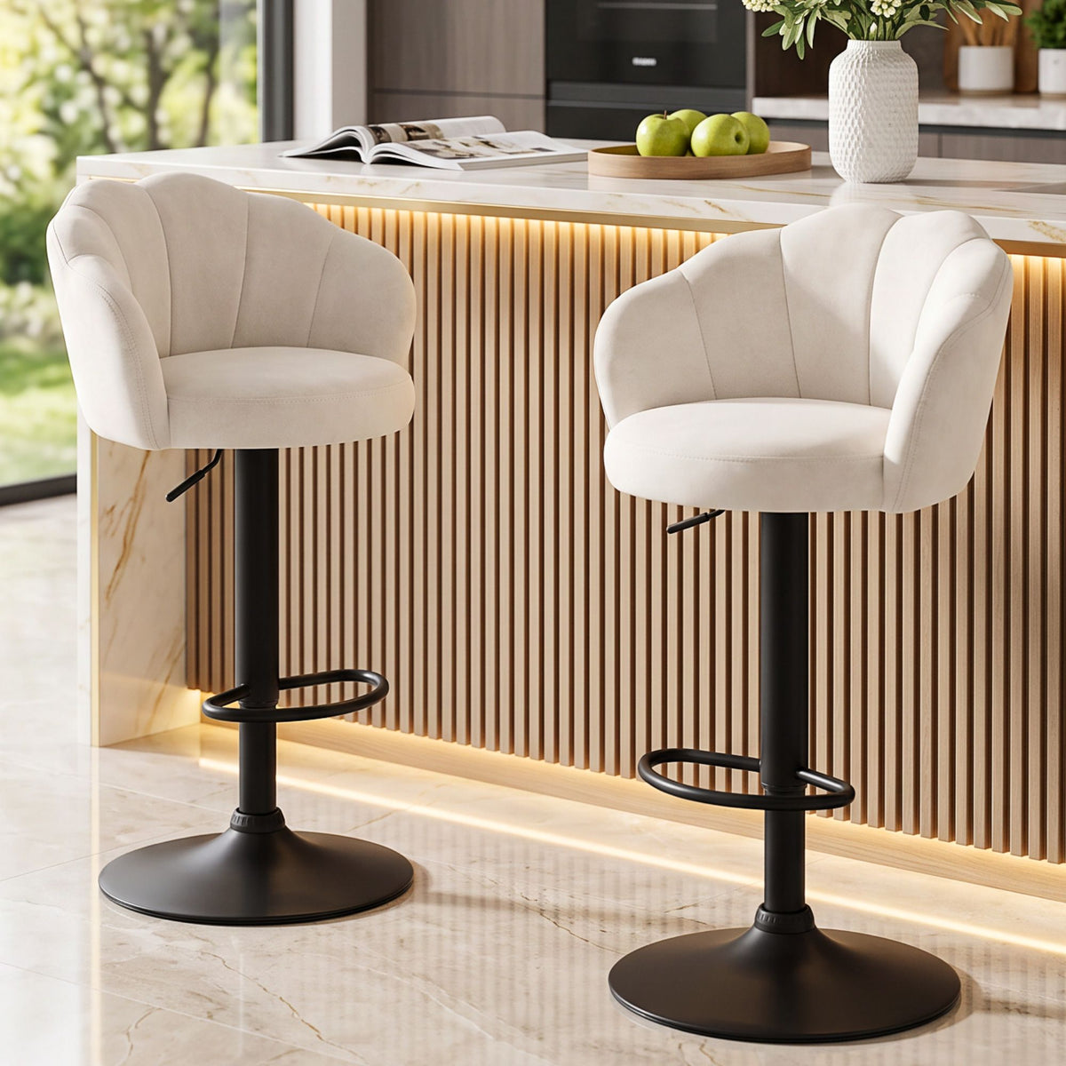 Artiss 2x Bar Stools Counter Chair Adjustable Shell Backrest Velvet Nessah Ivory - Homecoze