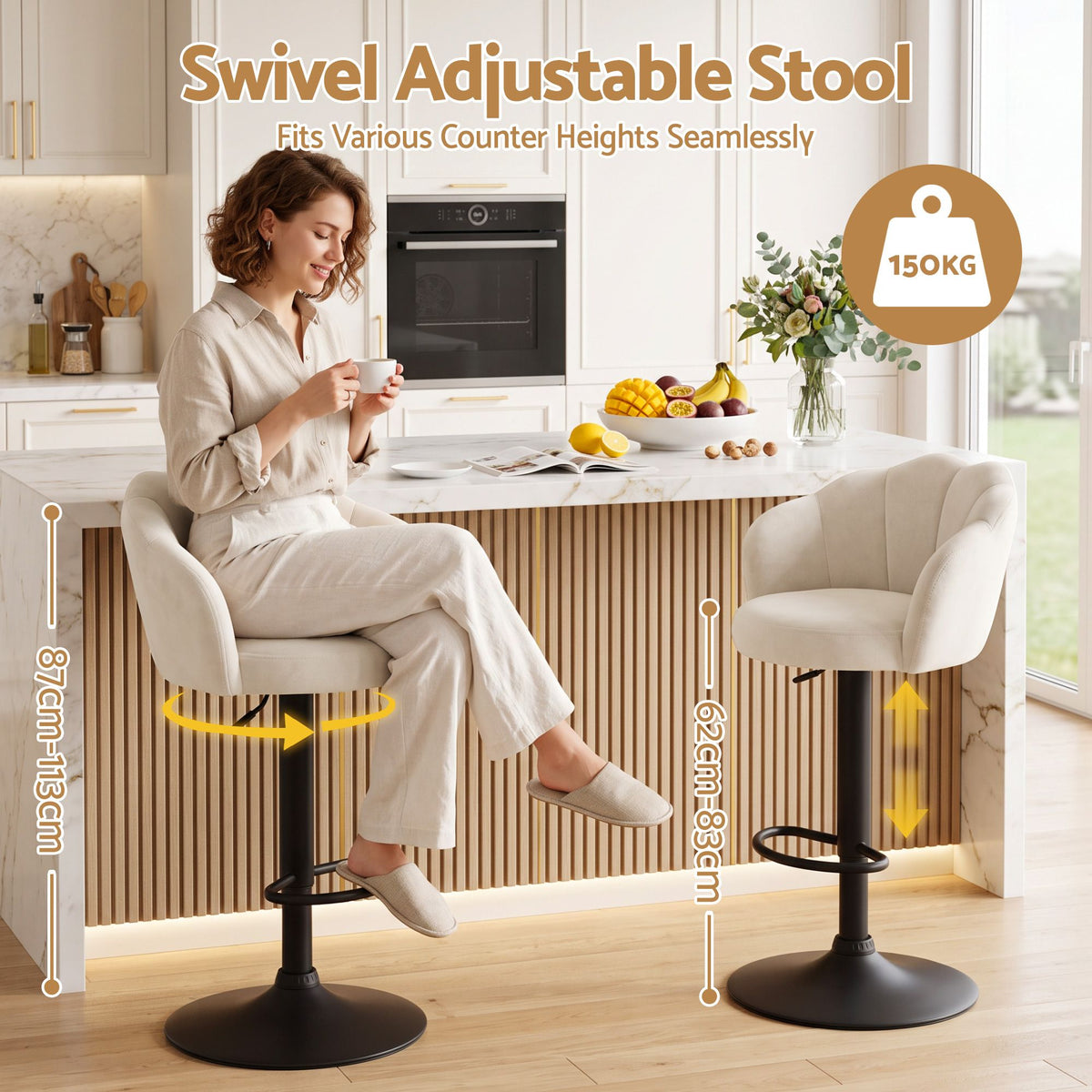Artiss 2x Bar Stools Counter Chair Adjustable Shell Backrest Velvet Nessah Ivory - Homecoze