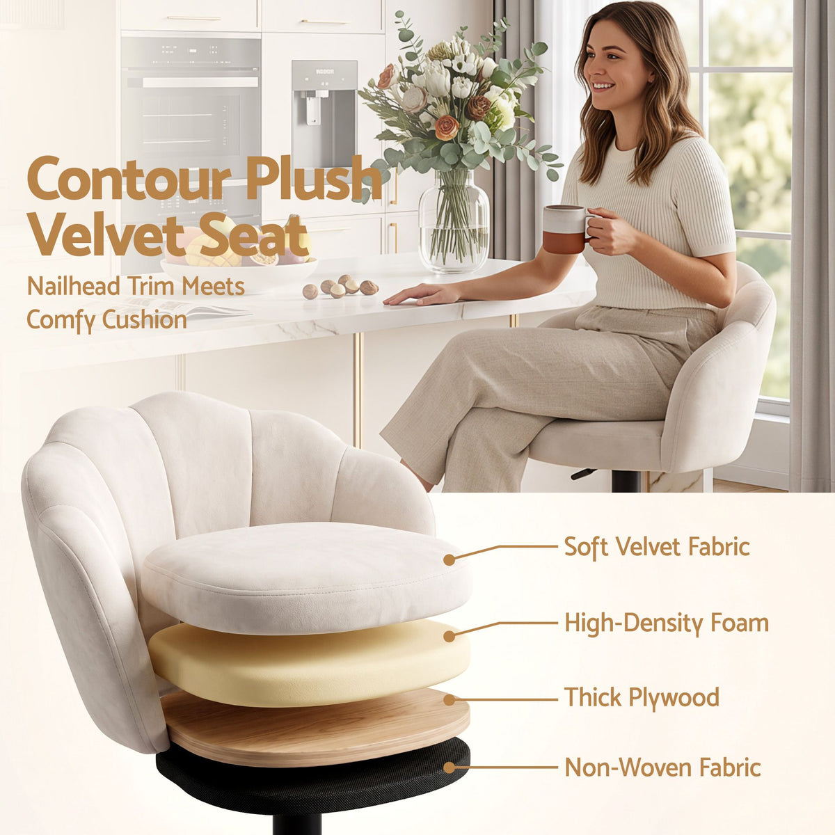 Artiss 2x Bar Stools Counter Chair Adjustable Shell Backrest Velvet Nessah Ivory - Homecoze