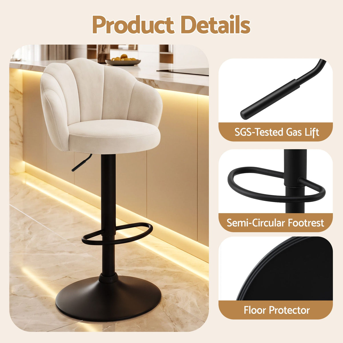 Artiss 2x Bar Stools Counter Chair Adjustable Shell Backrest Velvet Nessah Ivory - Homecoze