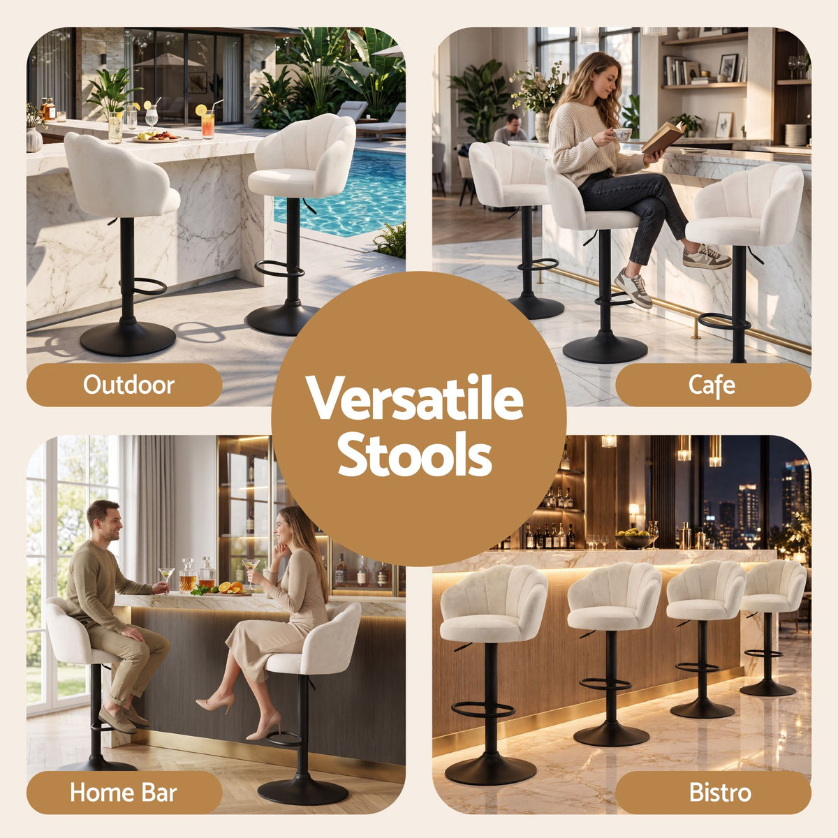 Artiss 2x Bar Stools Counter Chair Adjustable Shell Backrest Velvet Nessah Ivory - Homecoze