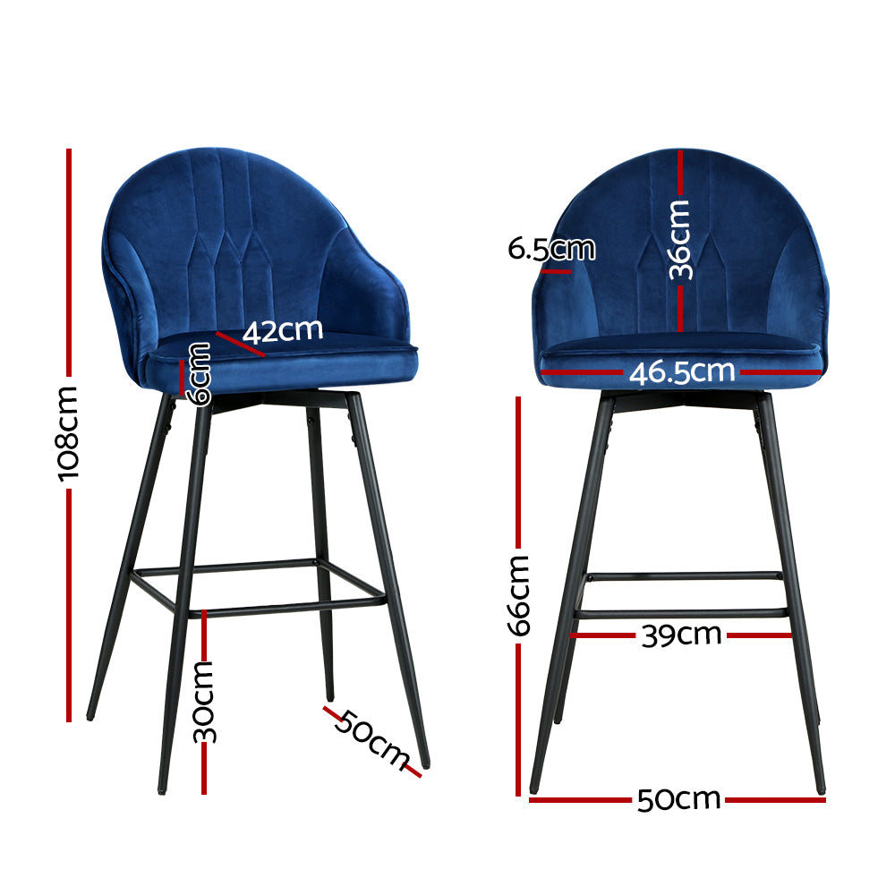 Isabella (Set of 2) Velvet Bar Stools 72cm - Blue - Homecoze