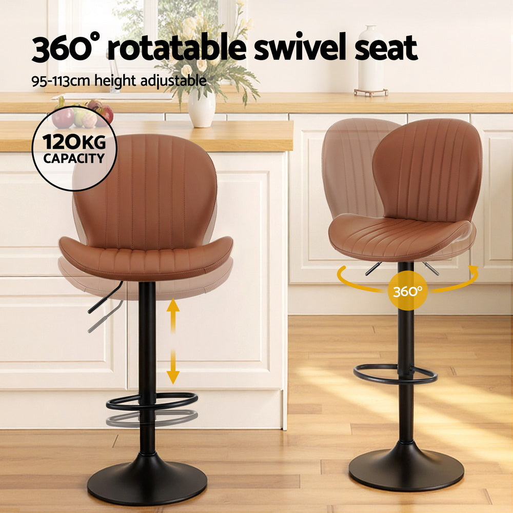 Artiss 2x Bar Stools Kitchen Swivel Gas Lift Counter Chair Shell Leather Brown - Homecoze