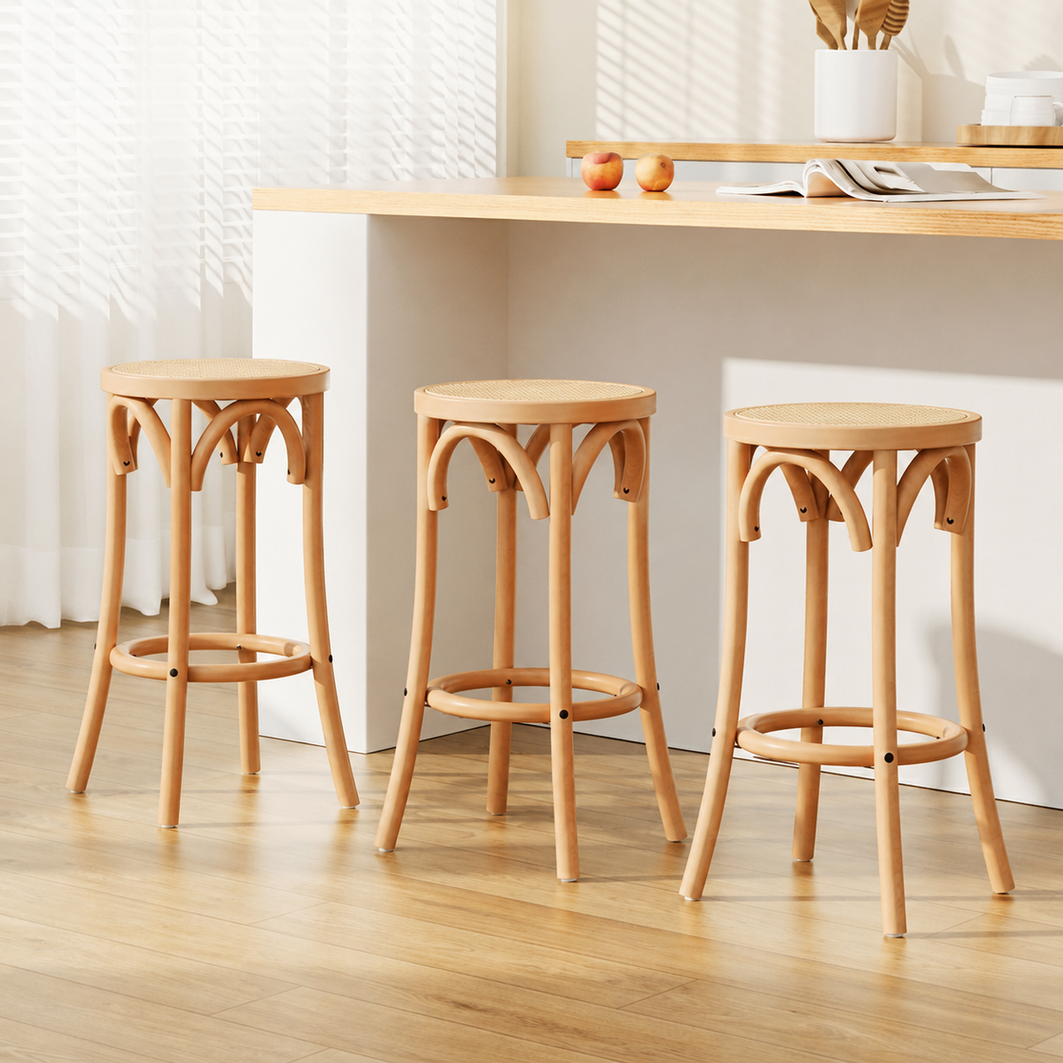Lola (Set of 3) Rattan Bar Stools 65cm - Pine