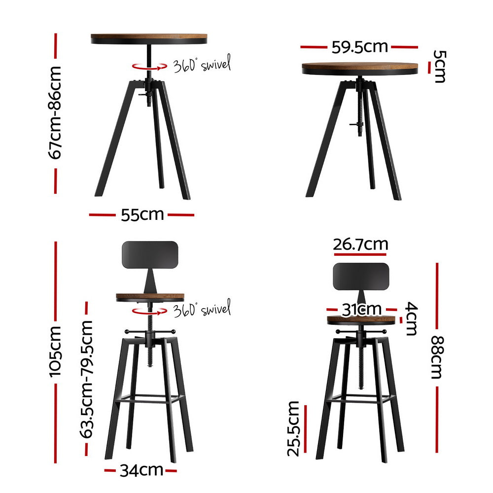 Charlie 3PC Bar Table & Stool Set - Black & Wood - Homecoze