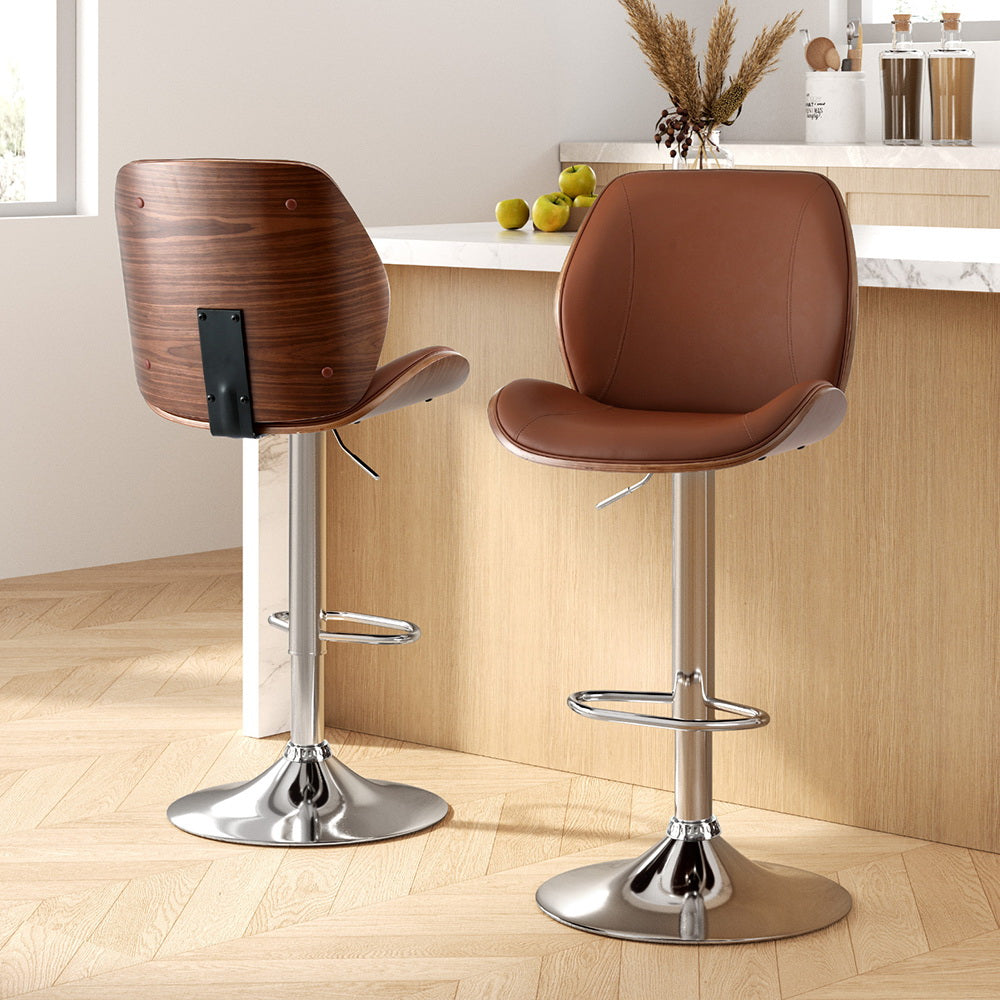 Beau (Set of 2) PU Leather Bar Stools - Brown - Homecoze